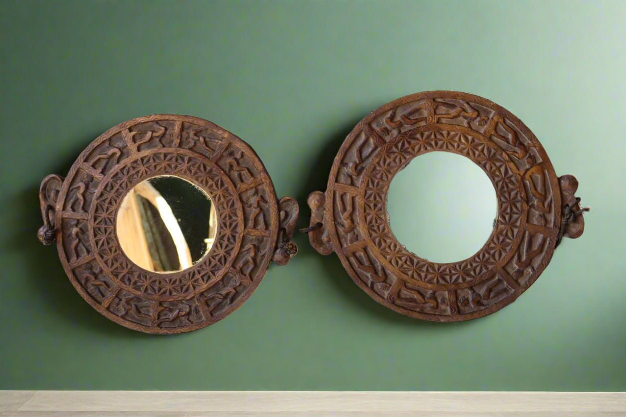 Hand Carved Naga Mirror - Tribal Reflections Wall Decor on Vintage Wood - TesuMirror