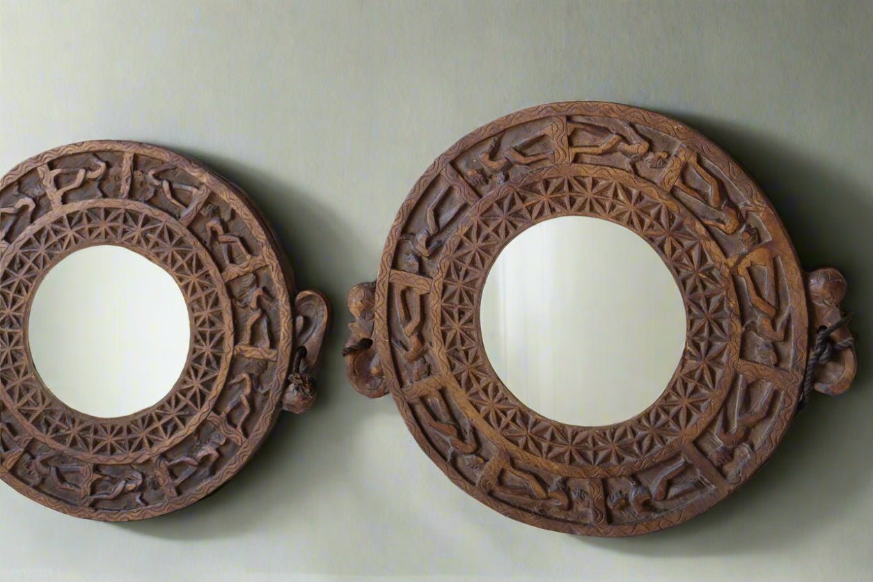 Hand Carved Naga Mirror - Tribal Reflections Wall Decor on Vintage Wood - TesuMirror