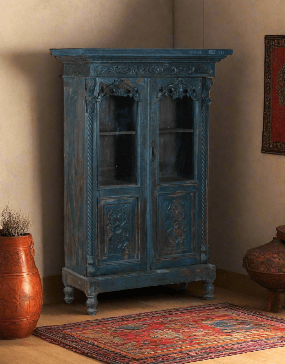Hand Carved Wooden Glass Almirah - TesuCabinets & Storage