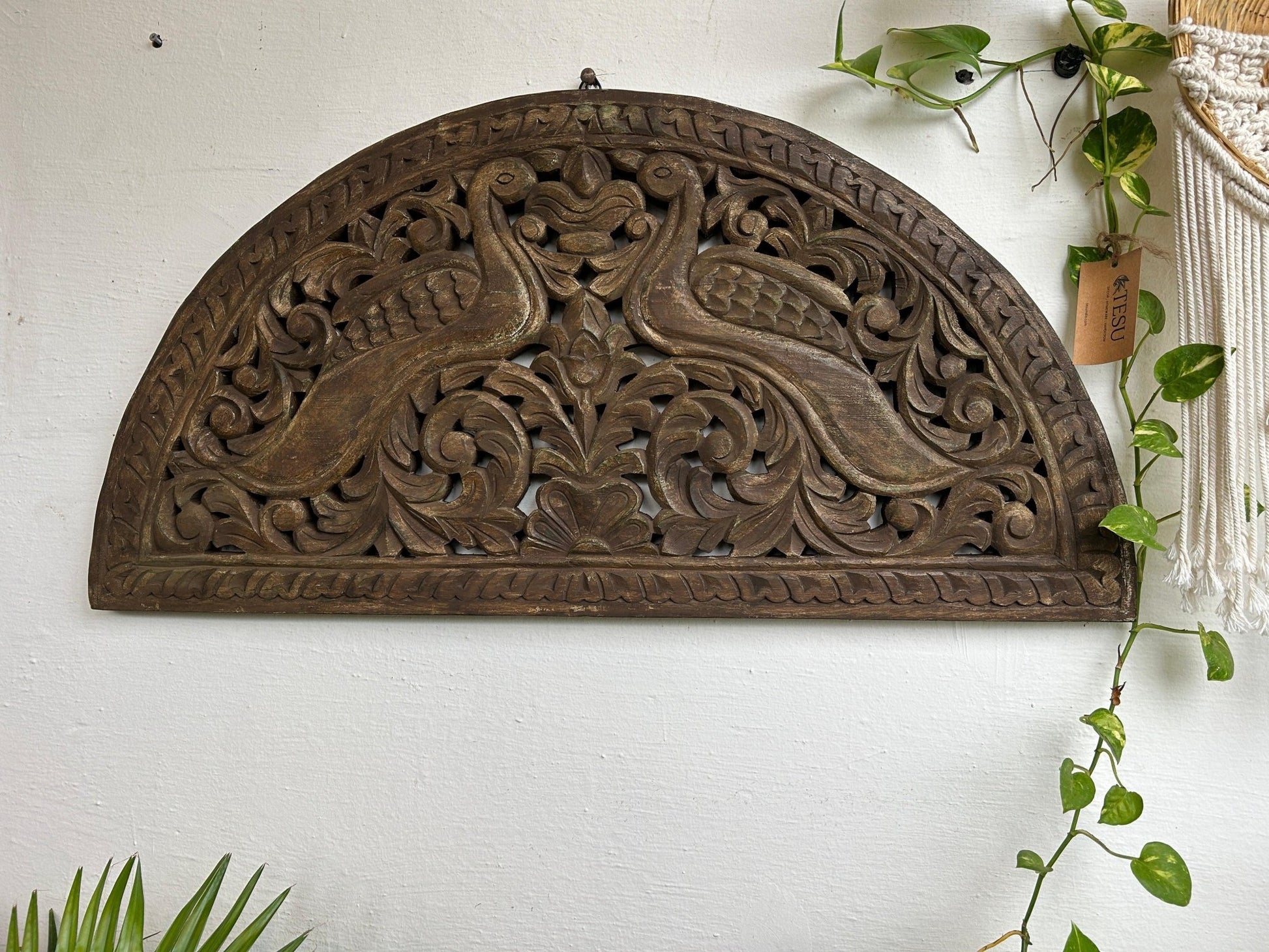 Hand Carved Wooden Peacock Jali - TesuWall Decor