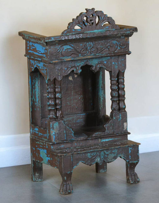 Hand - Carved Wooden Temple with Ornate Crown - Antique Turquoise - TesuWooden Temple