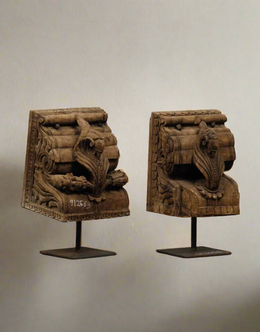 Handcarved Wooden Bracket on Iron Stand - TesuWooden Bracket