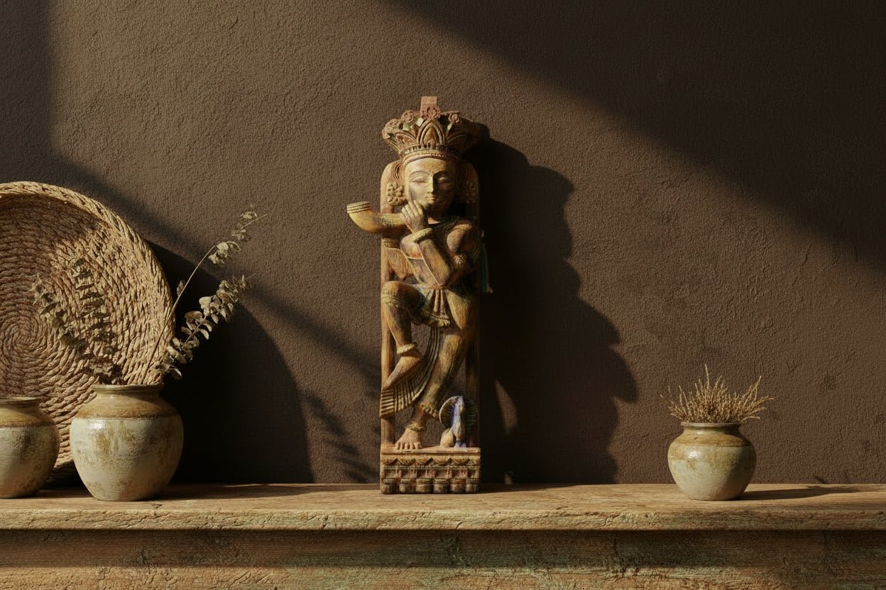 Carved wooden statue of a figure with intricate details on a white background