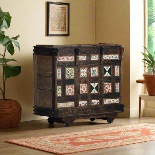 Handcrafted Peacock Teak Damchiya - Vintage Indian Storage Chest - TesuCabinets & Storage