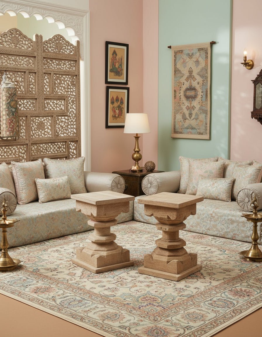 Two wooden pedestals on a gray floor with a white background