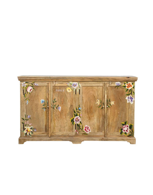 Front view of handpainted sideboard with floral decorations on white background – Tesu Furniture & Seating