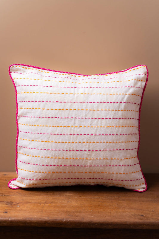 Close-up of Kantha stitch work on cotton cushion cover – Tesu Cushion Covers