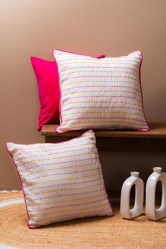 Handwoven cotton Kantha cushion cover with bold geometric embroidered pattern – Tesu Cushion Covers