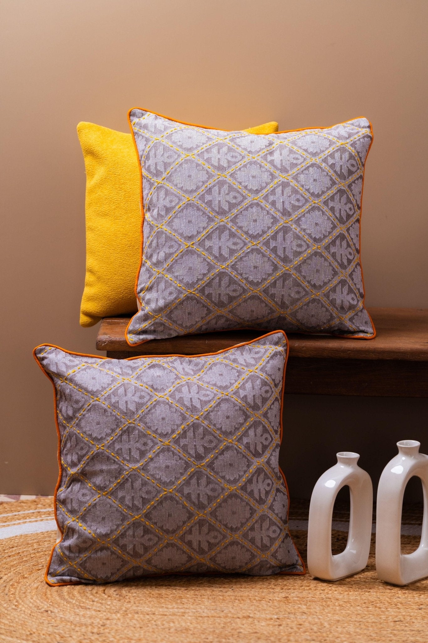 Handwoven Cotton with Kantha Work Cushion Covers - TesuCushion Covers