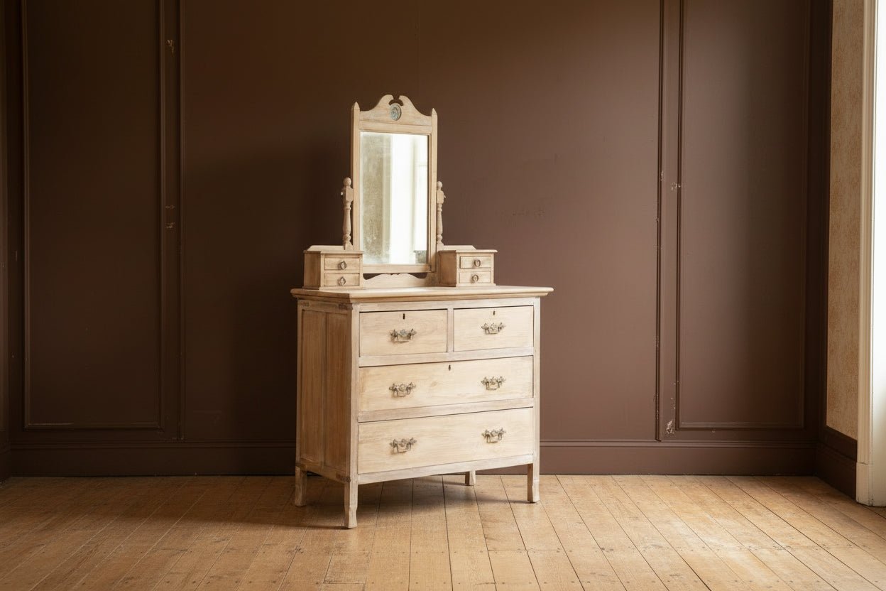 Wooden dresser with mirror on a white background