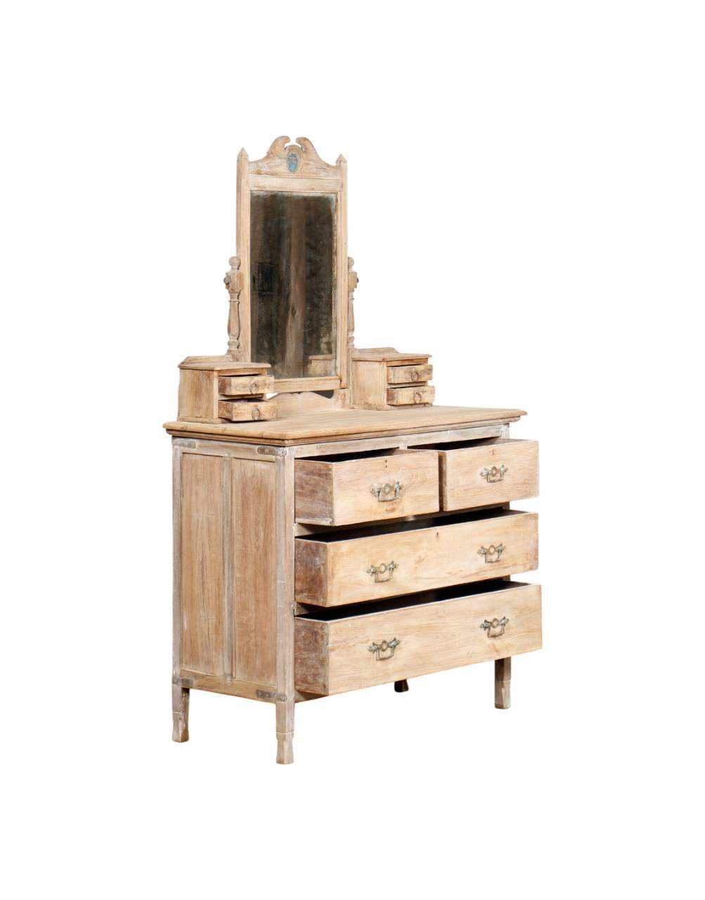 Wooden dresser with mirror on a white background
