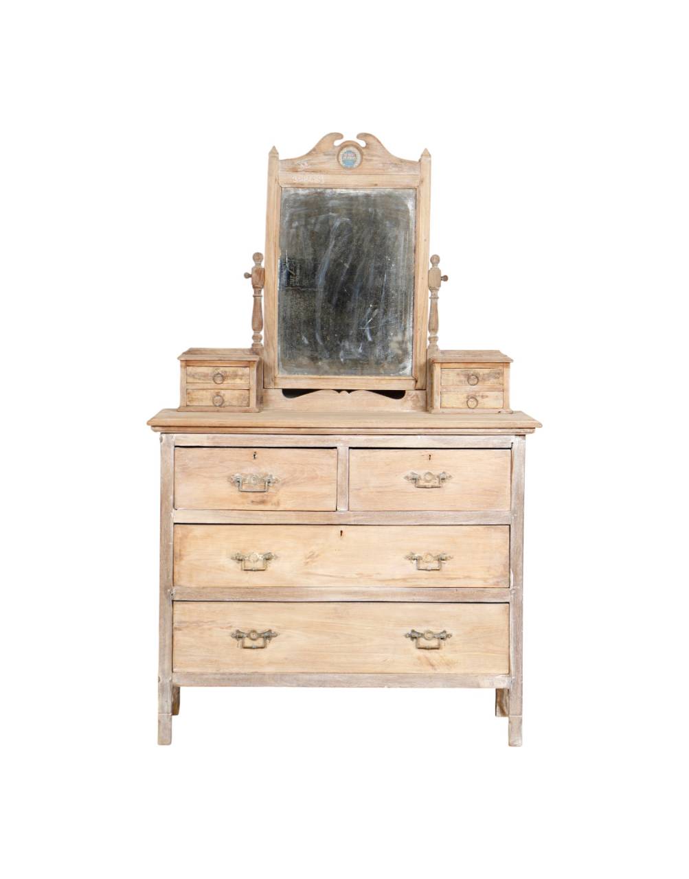 Wooden dresser with mirror on a white background