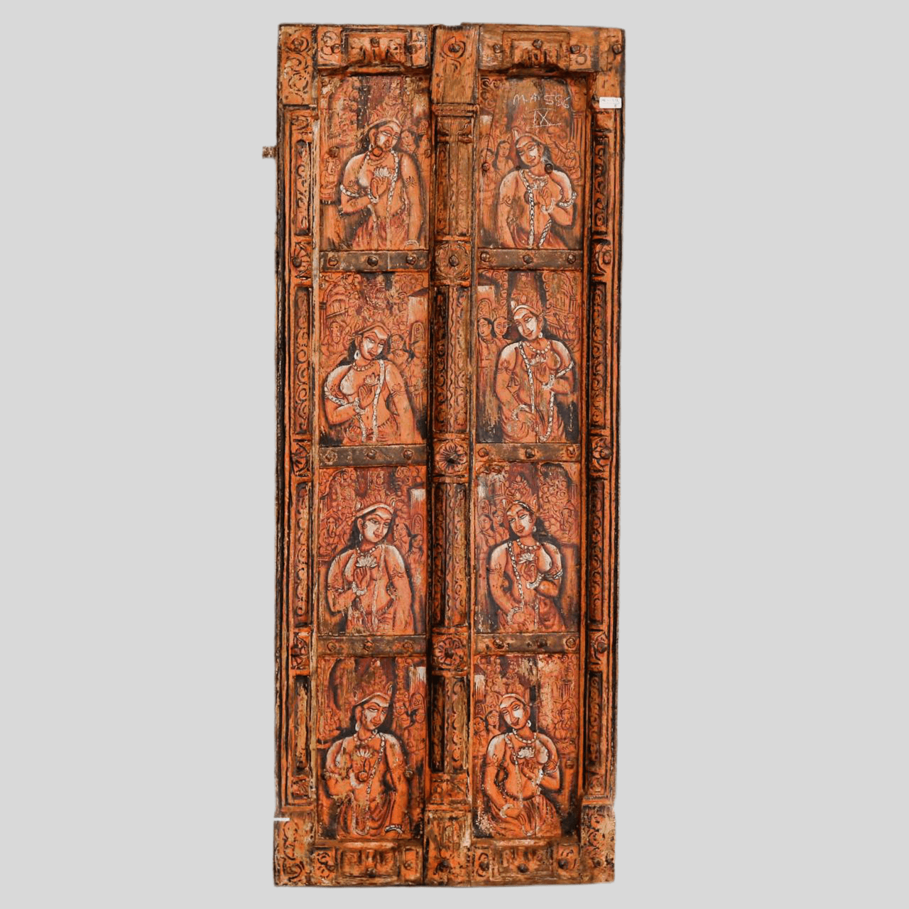 Heritage Hand Painted Teak Door - Handcrafted Spiritual Art Panel with Divine Motifs - TesuWall Decor