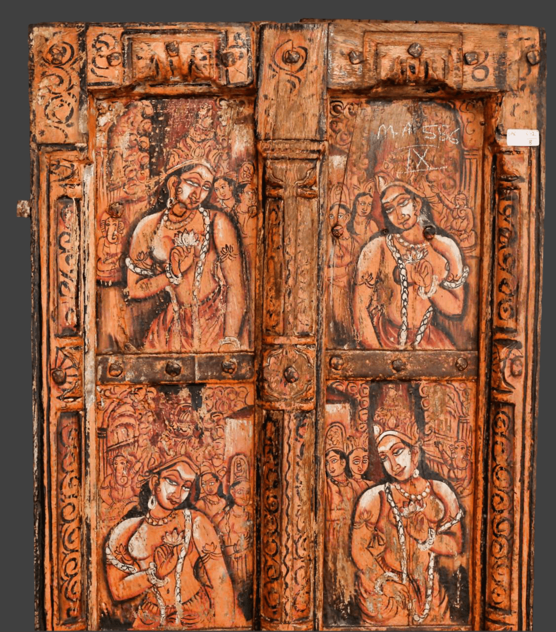 Heritage Hand Painted Teak Door - Handcrafted Spiritual Art Panel with Divine Motifs - TesuWall Decor