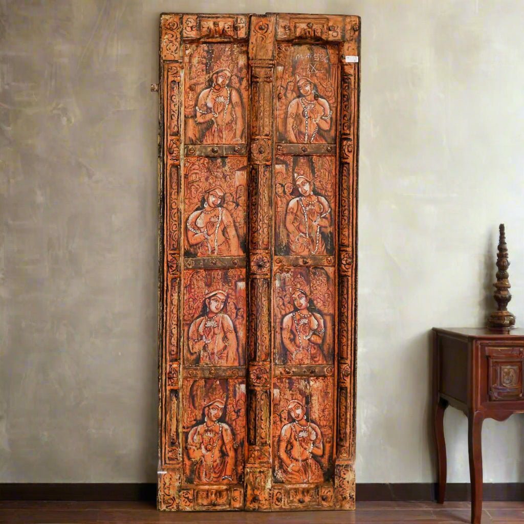 Heritage Hand Painted Teak Door - Handcrafted Spiritual Art Panel with Divine Motifs - TesuWall Decor