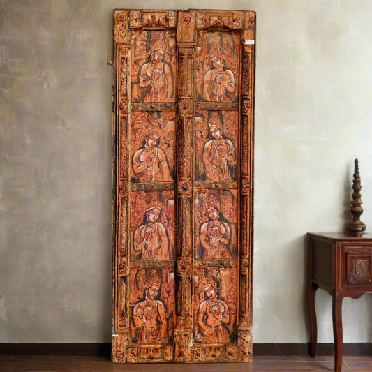 Heritage Hand Painted Teak Door - Handcrafted Spiritual Art Panel with Divine Motifs - TesuWall Decor