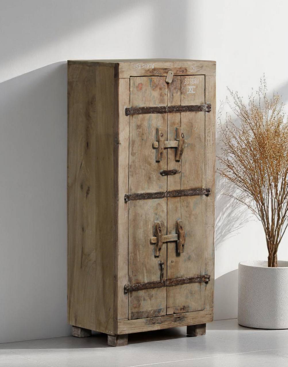 Vintage-style wooden cabinet with metal locks on a white background