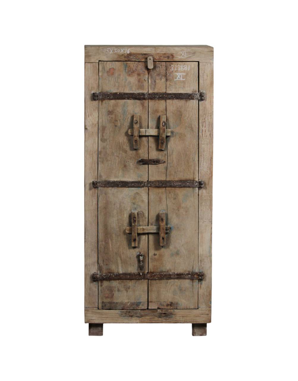 Vintage wooden cabinet with metal locks on a white background