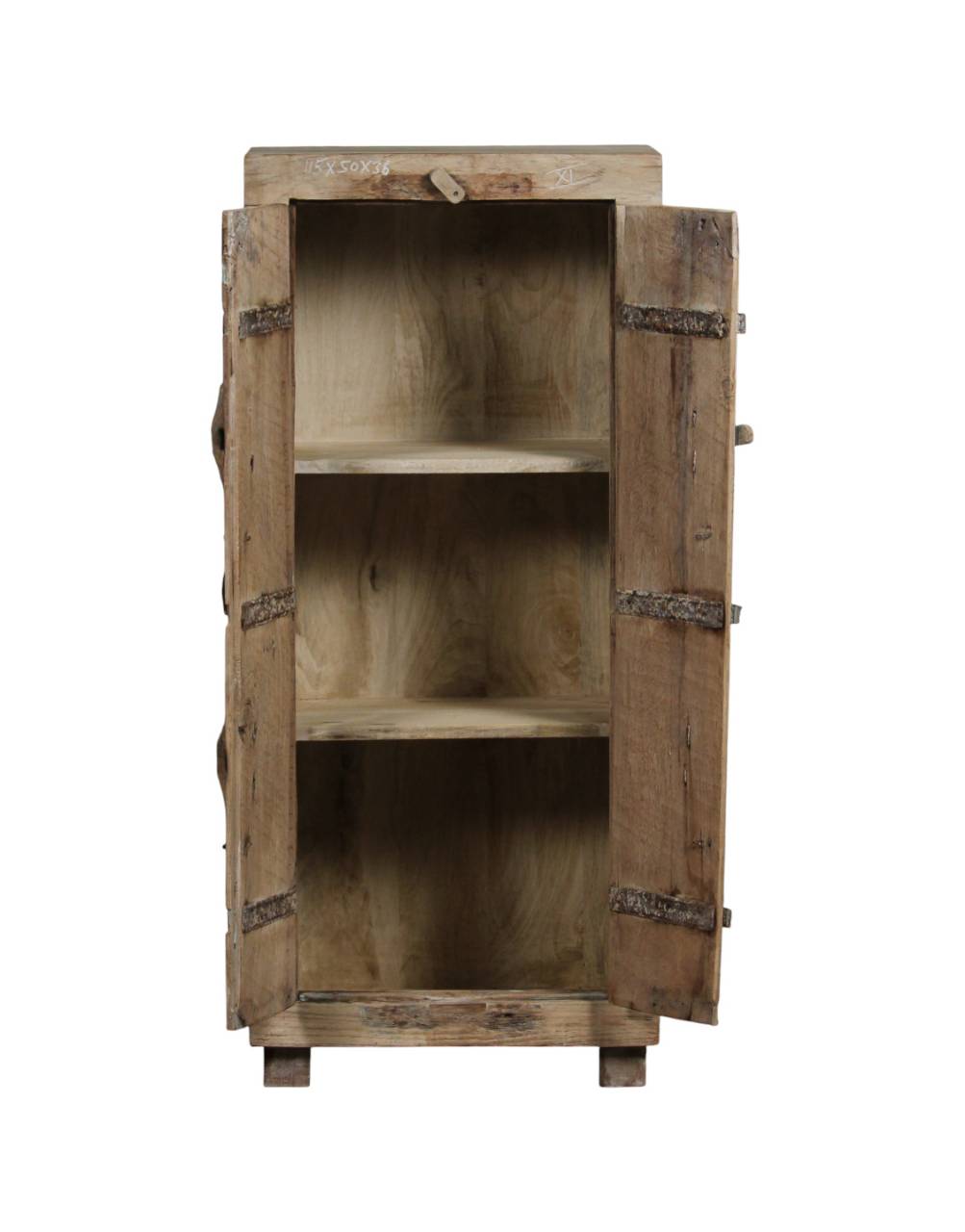 Wooden cabinet with open doors on a white background