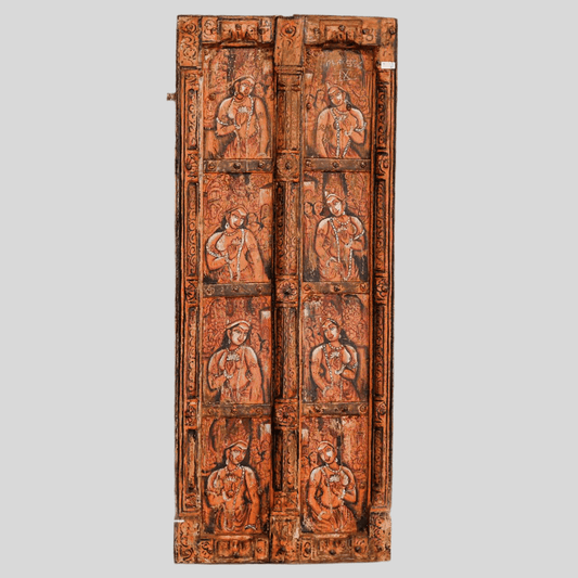 A hand-painted teak wood door with intricate artwork featuring divine and godly motifs in multiple colors.