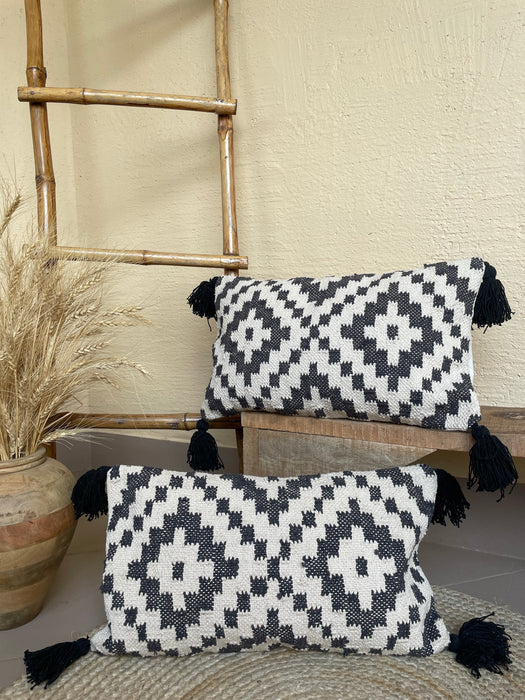 Bohemian Rectangle Natural Cotton Cushion Cover - Black and Off White