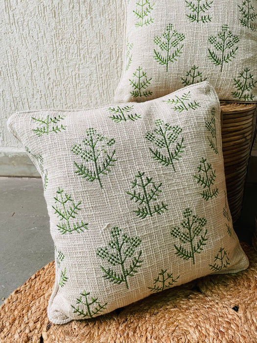 Motif Embossed Jute Cotton Cushion Covers - Off White With Green Floral Design- Set of 2