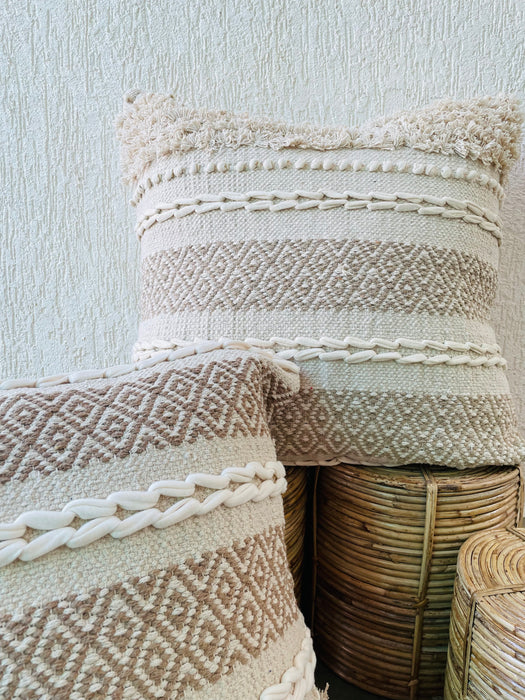 Bohemian  Natural Cotton Cushion Covers - White and Light Brown