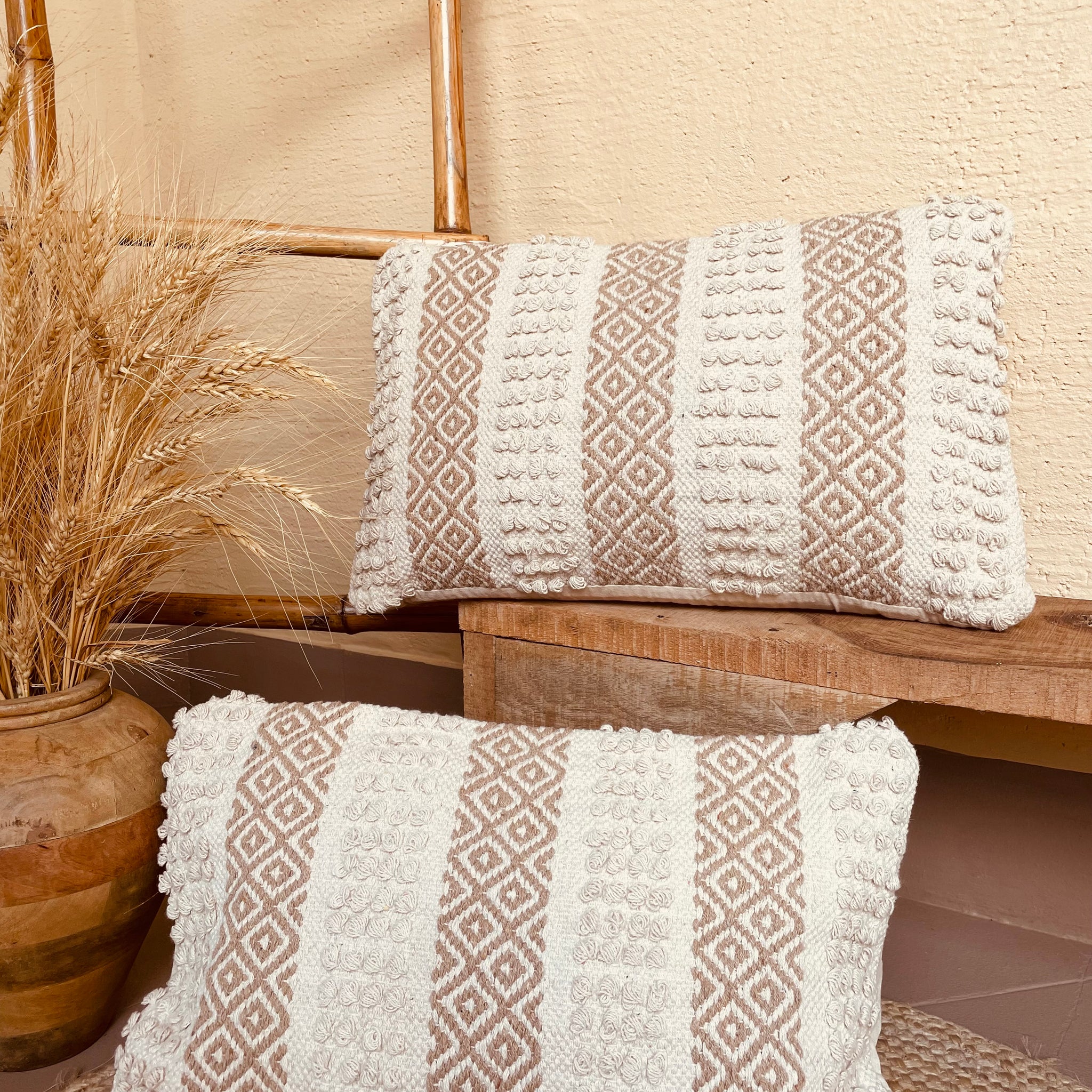 Bohemian Rectangle Natural Cotton Cushion Cover - Off White and Beige