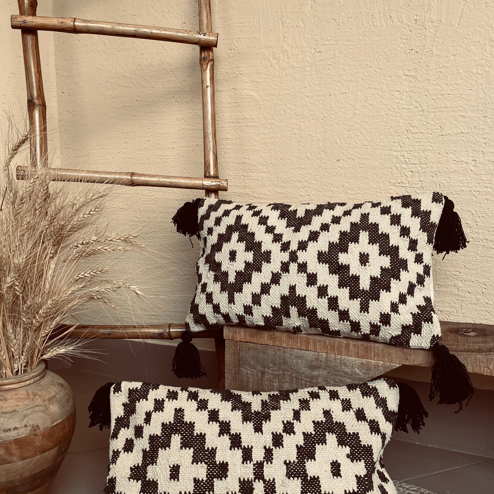 Bohemian Rectangle Natural Cotton Cushion Cover - Black and Off White