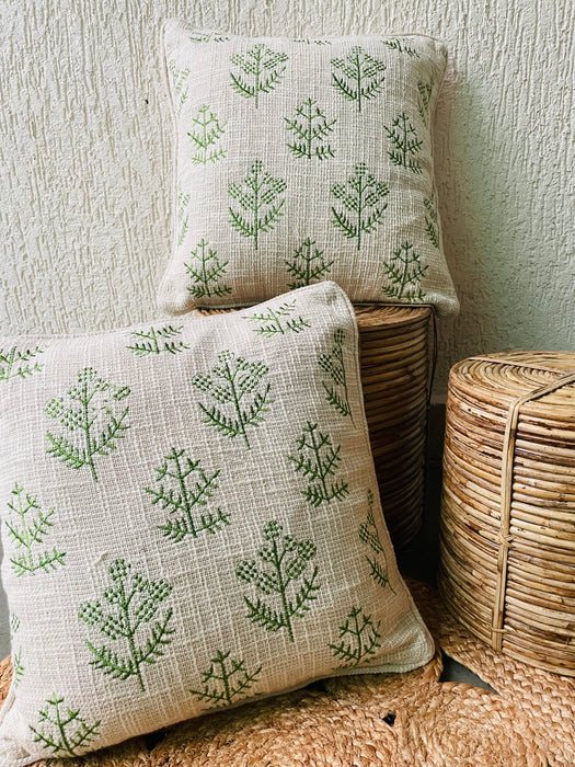 Motif Embossed Jute Cotton Cushion Covers - Off White With Green Floral Design- Set of 2
