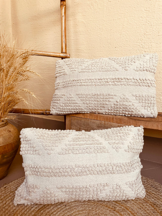 Bohemian Rectangle Natural Cotton Cushion Cover - Beige and Off White
