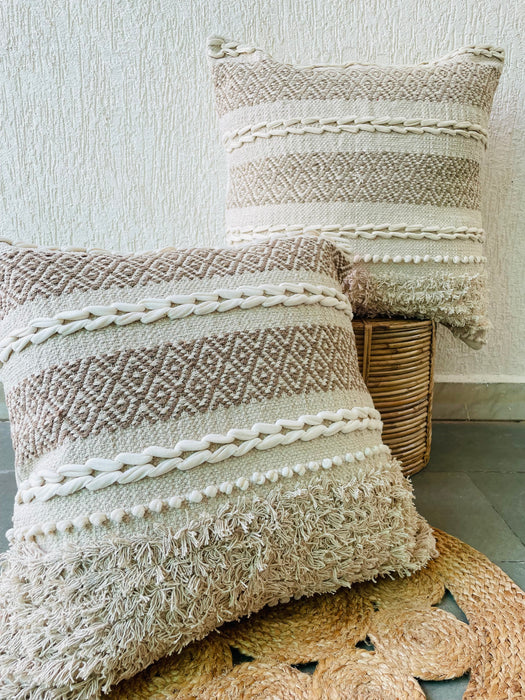 Bohemian  Natural Cotton Cushion Covers - White and Light Brown