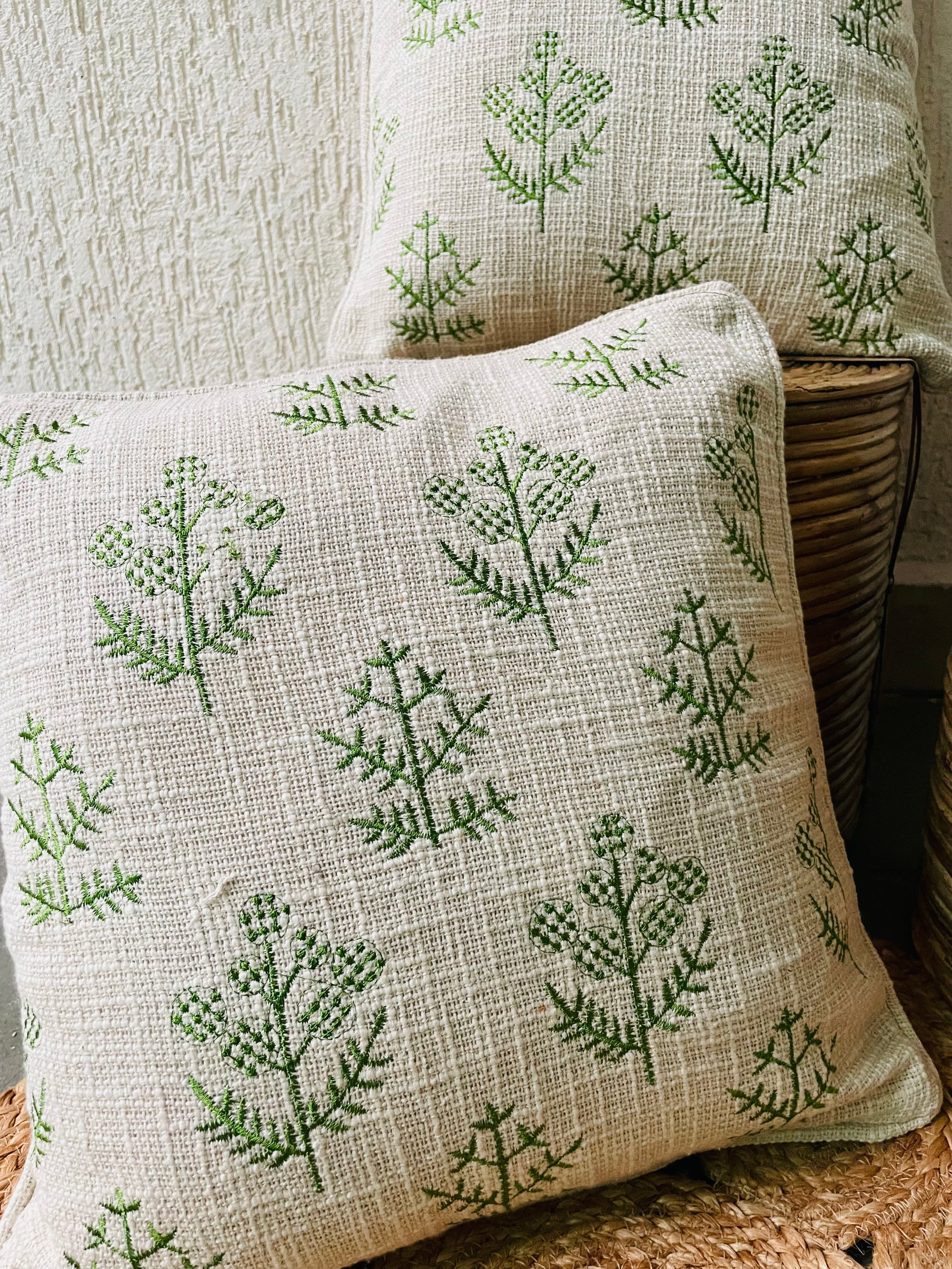 Motif Embossed Jute Cotton Cushion Covers - Off White With Green Floral Design- Set of 2 - TESU
