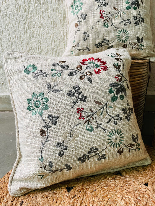 Motif Embossed Jute Cotton Cushion Covers - Floral Design- Set of 2