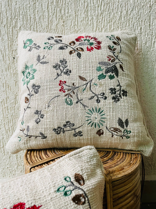 Motif Embossed Jute Cotton Cushion Covers - Floral Design- Set of 2