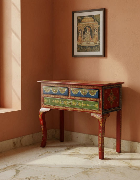 Decorative side table with colorful hand-painted design on a white background