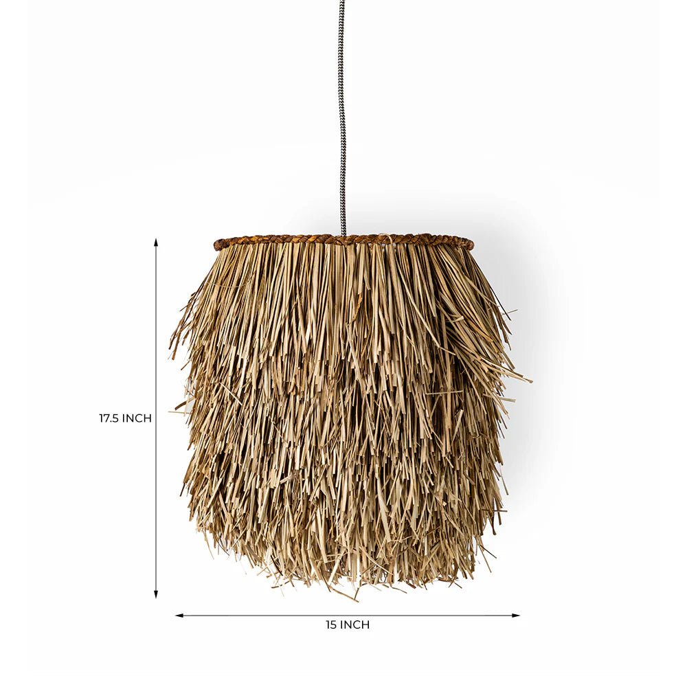 Rattan pendant light with dimensions on a white background