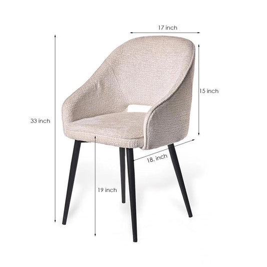 Beige chair with black legs and dimensions labeled on a white background