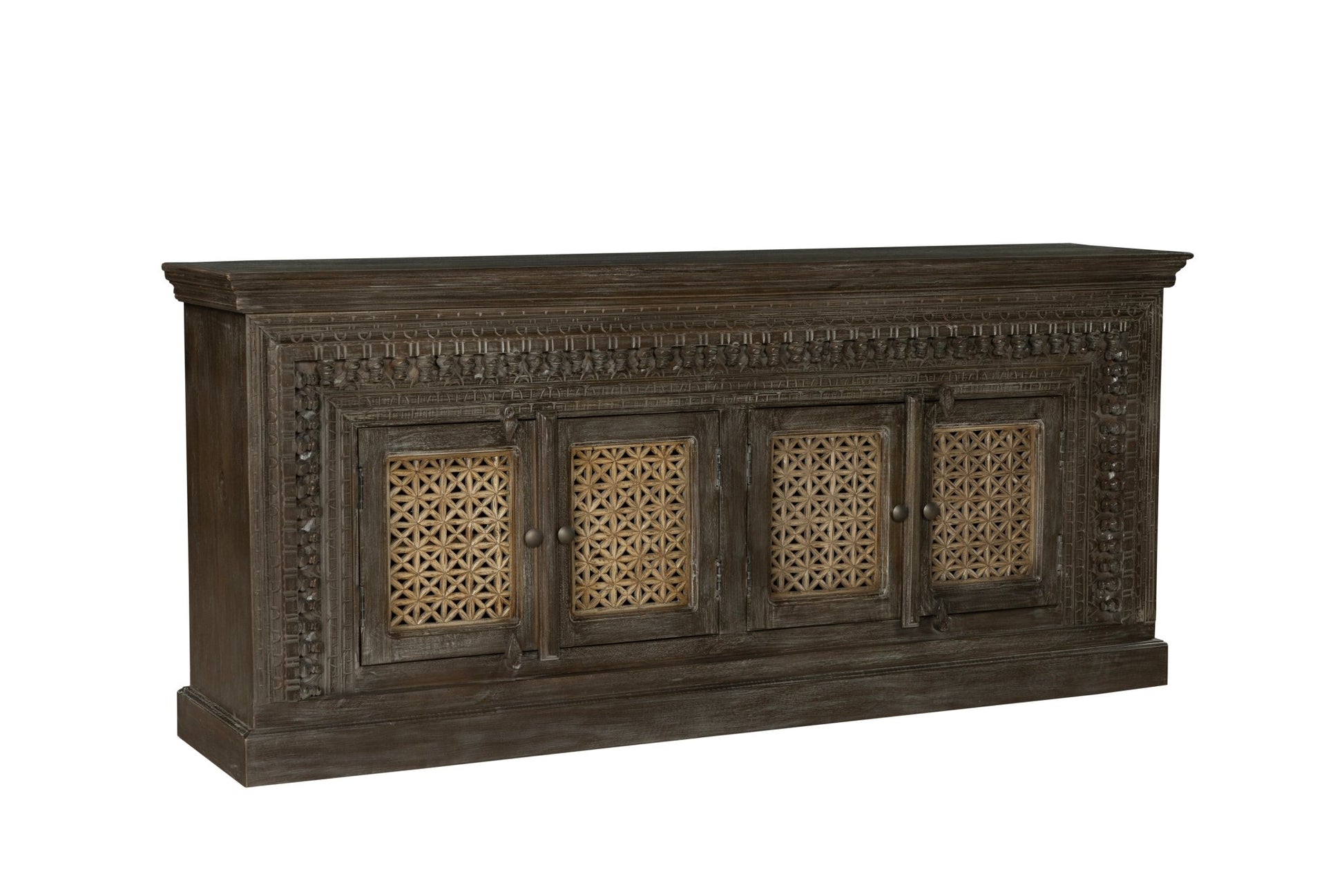 Dark wooden sideboard with decorative patterns on a white background