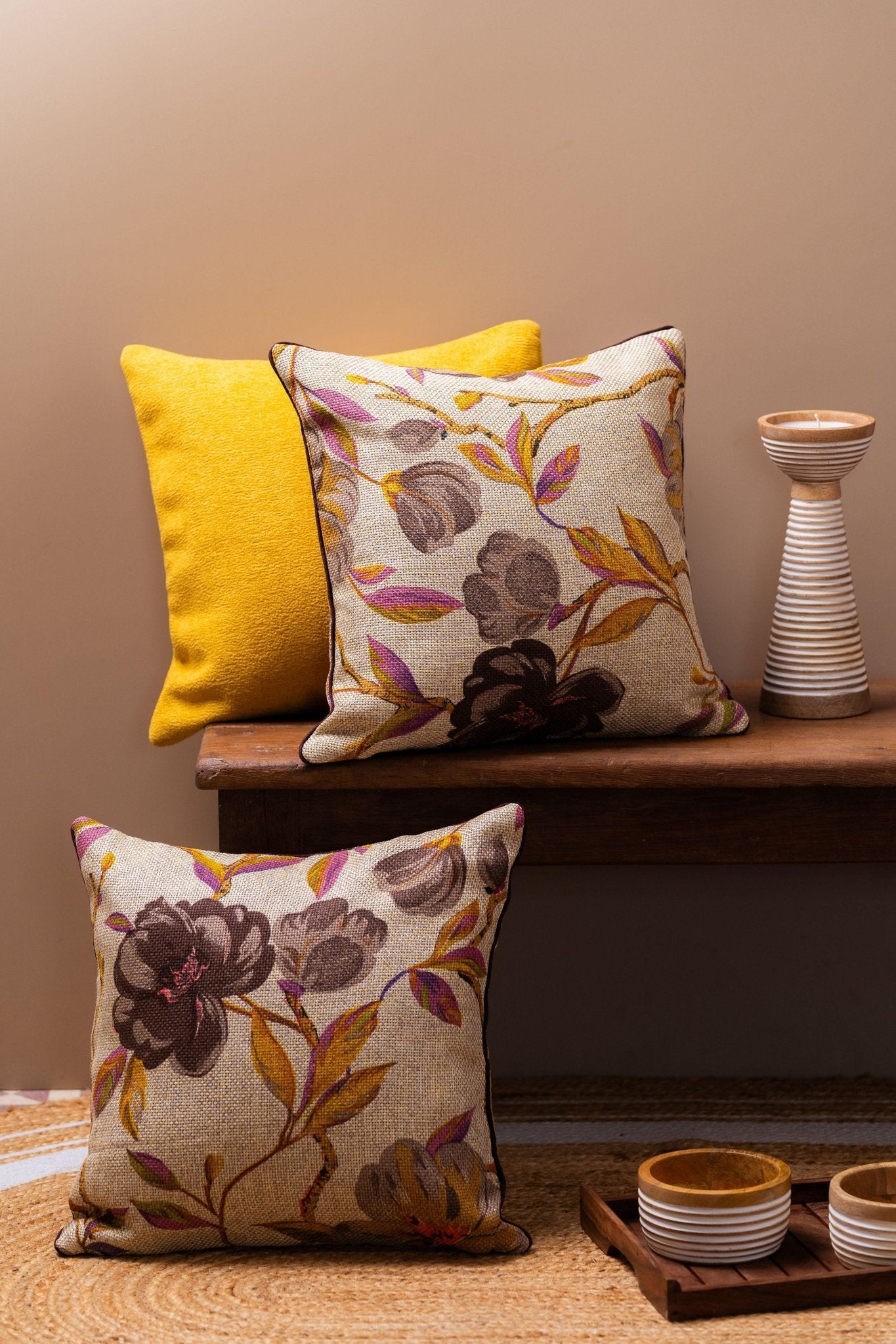 Jute Brown Floral Cushion Cover - TesuCushion Covers