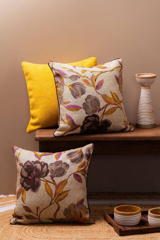 Jute Brown Floral cushion cover with hand-embroidered floral motifs on natural brown base – Tesu Cushion Covers