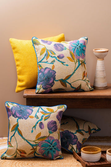 Jute Turquoise Floral Cushion Cover - TesuCushion Covers
