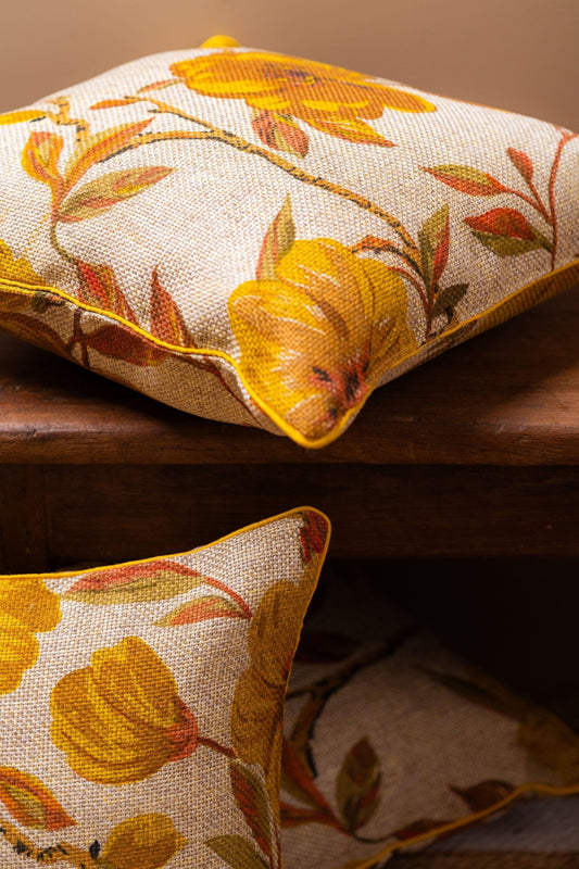 Close-up of yellow floral embroidery on jute cushion cover – Tesu Cushion Covers