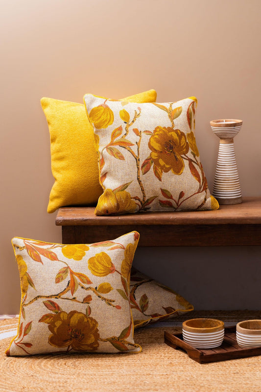 Jute Yellow Floral Cushion Cover - TesuCushion Covers