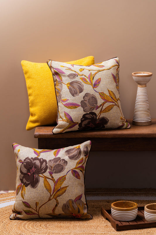 Jute Brown Floral Cushion Cover - TESU