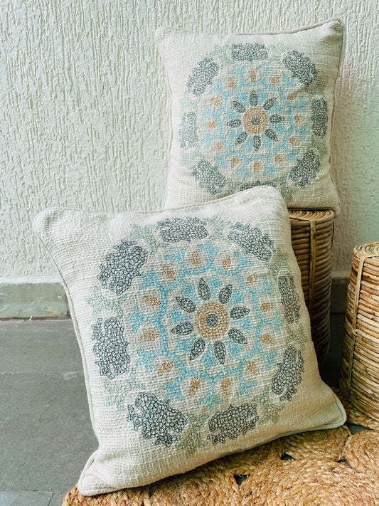 Motif Embossed Jute Cotton Cushion Covers - Off White With Multi coloured Pattern Design-Set Of 2 - TESU