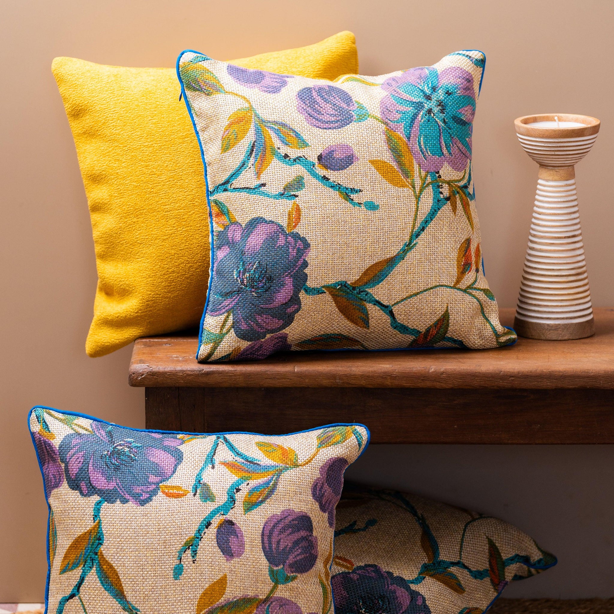 Jute Turquoise Floral Cushion Cover - TESU