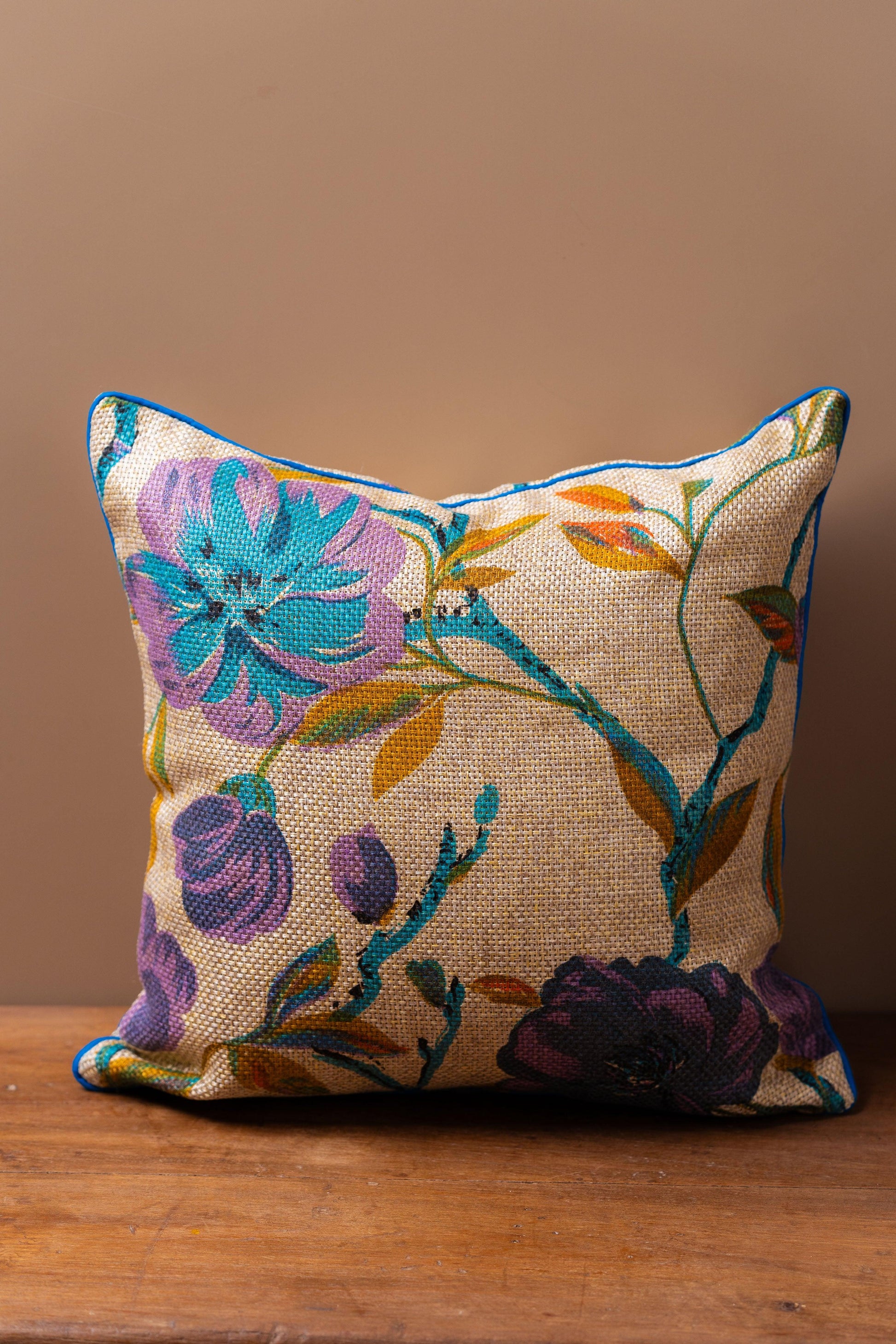 Jute Turquoise Floral Cushion Cover - TESU