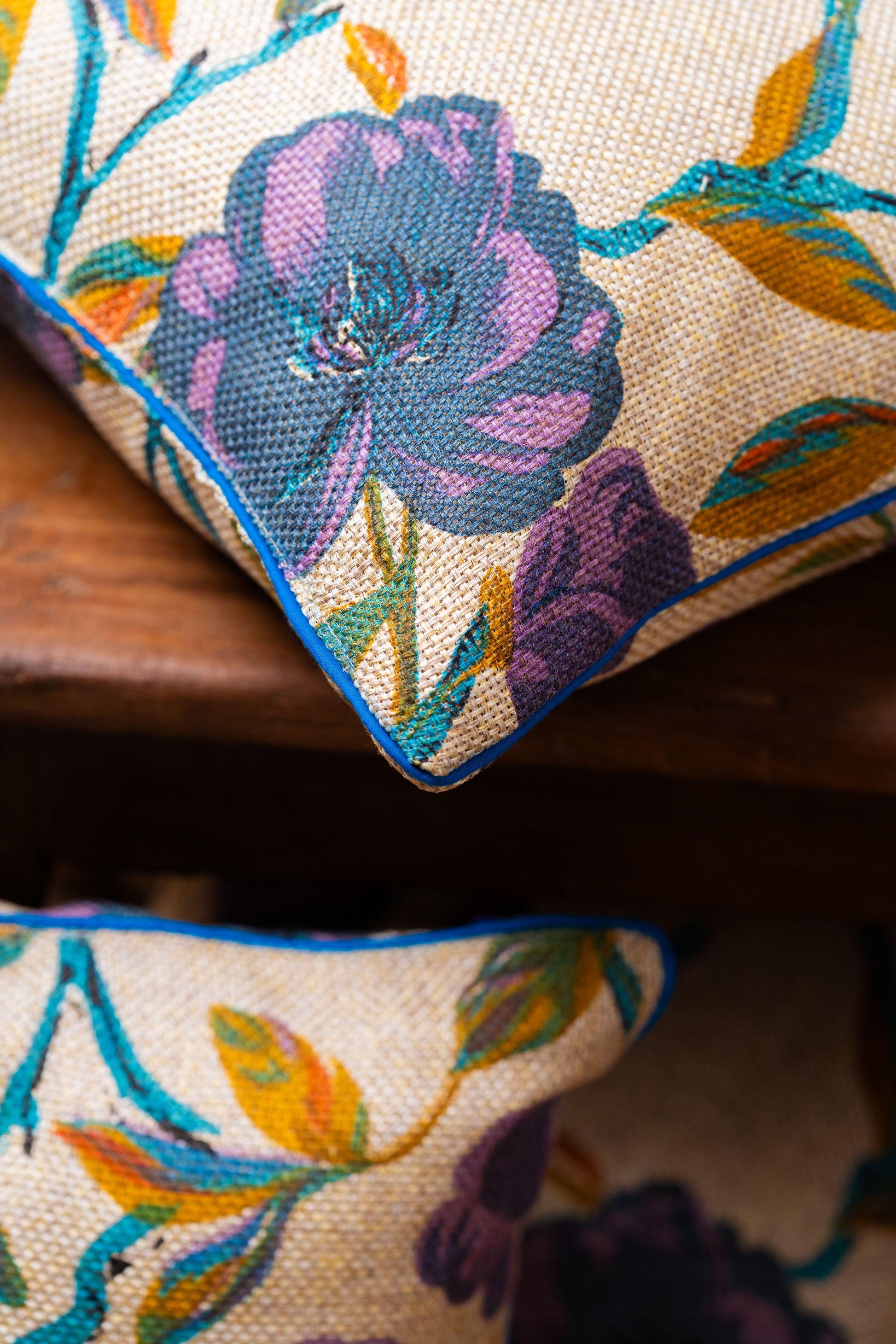 Jute Turquoise Floral Cushion Cover - TESU