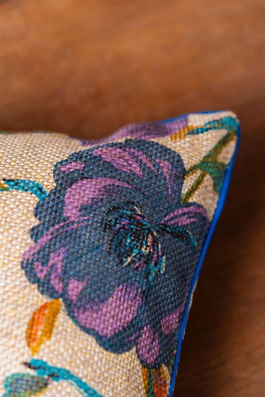 Jute Turquoise Floral Cushion Cover - TESU